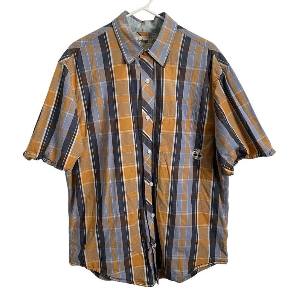99/2000s Timberland Mens Plaid S/S Button Up L Blue Gold Hip Hop R&B Rap Trendy